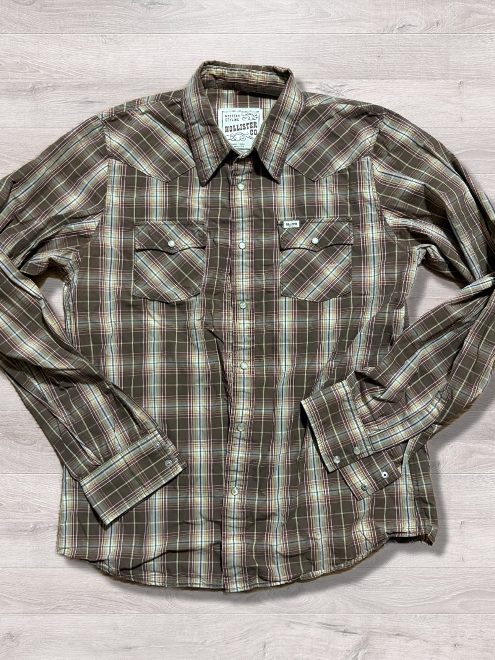 Hollister Western Tan Cowboy Plaid Pearl Snap Button Down Shirt Men’s XL